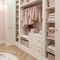 Dressing moderne sur mesure blanc crème avec armoire encastrée, commodes, miroir de maquillage et fermeture douce, de luxe, pour fille