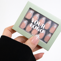 Faux ongles en gel souple réutilisables à presser, couleur nude rose amande, motif pois noirs, marque privée
