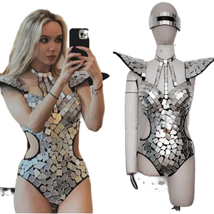 स्टेज परफॉर्मेंस के लिए महिला गोल्ड सिल्वर सेटिन बॉडीसूट में बॉलरूम डांस गोगो शो पोशाक के लिए कंधे के खोखले रेवे आउटफिट - Product Image 1