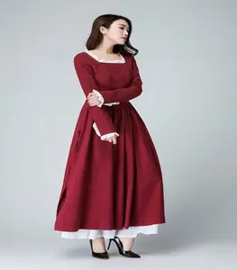 Modest Manga Comprida Borgonha do vintage Linho Fit & Alargamento Vestido Plissado Com O Lado Longo de Fenda Complemento Perfeito Para A Sua Queda roupeiro