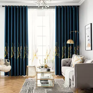 ready made blue fabric embroidery luxury hotel curtains for the livingroom