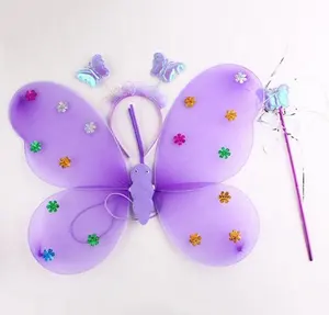 Halloween Double Layer Fairy Butterfly Wing Set Multicolor Nylon Headband Magic Wand Set for promotion