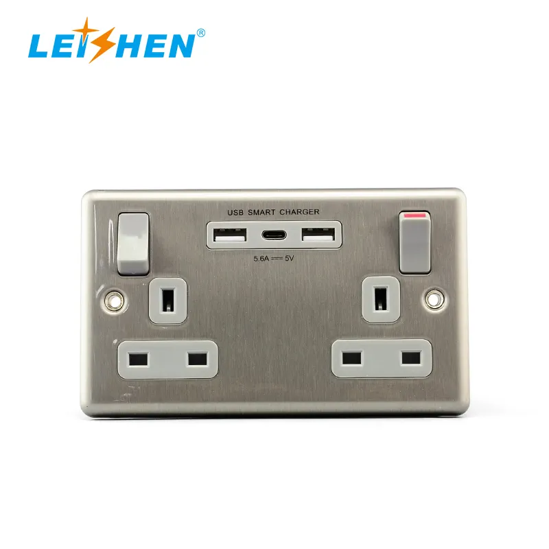 2020 Leishen Uk Double Gang Power Wall Plug 2 Usb 1 Type C Charging 5v 3.1a Socket Face Plats Usb Stopcontact