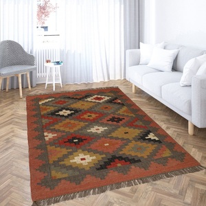 Alfombra de yute de lana Kilim Natural, alfombra duradera hecha a mano con patrón geométrico para interiores de comedor con estilo, juegos de alfombras - Product Image 2