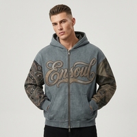 Sweat à capuche zippé pour homme, 330 GSM, délavé à l'acide, broderie de luxe en relief, patchwork en coton, streetwear oversize vintage