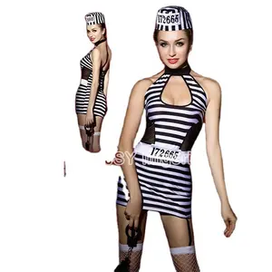 JSY High quality sexy prisoner costume sexy striped hollow out dress outfit for female prisoner