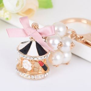 Dainty Pearl Girls Carousel Keychain Rhinestone Merry Go Bag Hanging Accessory Crystal Material Silk Screen Printing for Gifts - Product Image 5