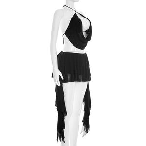 Viviblook D26ST055 Ensemble d'été pour femme, débardeur en maille à col licou et laçage, short-jupe à volants, ensemble deux pièces - Product Image 4