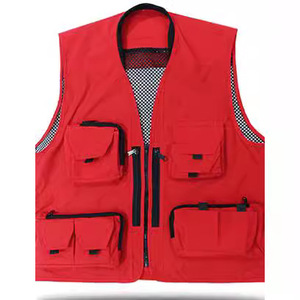 Multi Pocket Photography Vest Red Polyester Workwear With Zipper And Pockets For Outdoor Use - Product Image 1