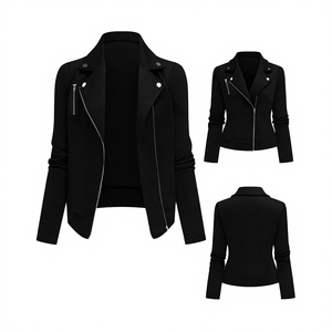 Blouson de motard tendance pour femme en similicuir tressé style vintage, respirant, écologique, avec doublure en cachemire teint uni - Product Image 2