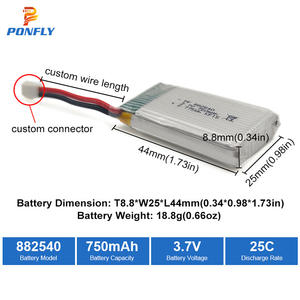 PONFLY yüksek kalite 3.7V 800mAh 902540 25C Lipo polimer pil RC araba uçak tekne FPV Drone için 882540 Lipo pil - Product Image 2