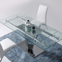 Table à manger extensible avec plateau en verre transparent de 12 mm d'épaisseur, pieds en métal, table multifonctionnelle pour la maison et le bureau