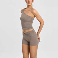 Nouvel ensemble de sport deux pièces style européen et américain, débardeur de yoga respirant à une épaule, uni, plissé, très extensible, pour le fitness