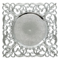 Assiettes de présentation rondes de luxe vintage transparentes noires de 13 pouces en plastique doré et argenté pour mariages et dîners