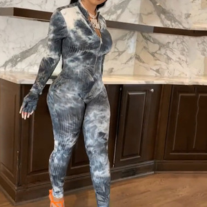 Combinaison zippée côtelée tie-dye pour femme, taille haute, extensible, style décontracté streetwear - Product Image 4