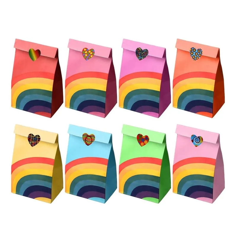 Saco de papel do arco-íris para o natal, dia das bruxas, aniversário, casamento, lembrancinha, presente, sacos de papel com adesivo de coração