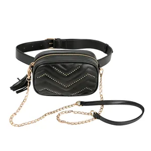 PU Leather Fanny Pack Eo Túi Cho Nữ 2021 Túi Đeo Vai Nữ Chuỗi Đinh Tán Tua Eo Thắt Lưng Túi 2 Trong 1