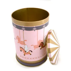 Vintage Merry Go Round Shaped Música Latas Redonda Musical Cookie Tin Rotating Carrossel Tin Box