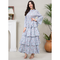 Robe plissée Miyake sur mesure de haute qualité pour femme, à manches longues, imprimé floral bleu, style bohème modeste, idéale pour l'église