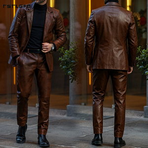 Men Leather Suit <b>Set</b> <b>Blazer</b> Trouser Braided Whipstitch Lapel Trim Notch Lapel Single Button Slim Fit Luxury Formal <b>Set</b> - Product Image 4