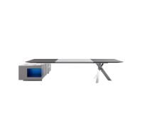 Bureau de direction moderne avec armoire de rangement latérale intégrée, base en métal en forme de X et accents en verre bleu pour espace de travail
