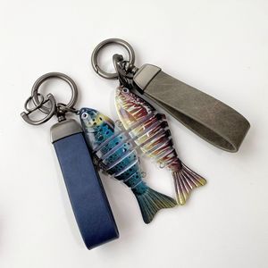 Bionic Fish Lure Keychains Multi Jointed Swimming Pendant <b>Keyring</b> Leather Strap <b>Car</b> Charms Fishing Gifts Wholesale - Product Image 2