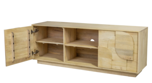Meuble TV bas Paxton en bois massif naturel avec deux portes de rangement et étagère ouverte - Product Image 4