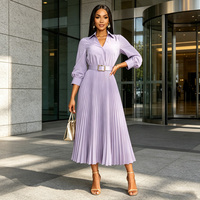 Robe chemise plissée grande taille à manches longues avec ceinture, coupe trapèze mi-longue, couleur unie, pour le bureau ou les soirées