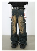Jeans cargo en denim personnalisés pour hommes, pantalon baggy à jambes larges, multi-poches, effet délavé, streetwear Y2K, fabricant en gros
