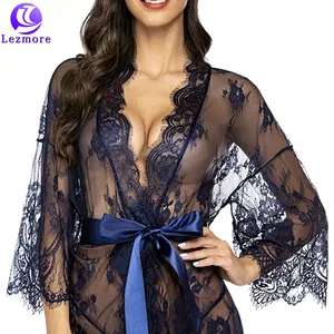 New European and American sexy underwear women's lace with bow sexy seductive lace kimono robe doll with mesh pajamas