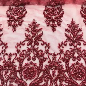 Fertigwaren Luxus hand gefertigte rote Perlen Spitze Stoff mit Pailletten 100 Polyester schwere Perlen Stoff für Kleid