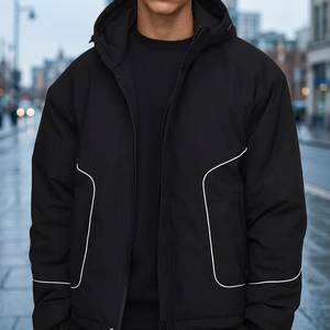 Blouson universitaire pour homme, personnalisé, en tissu tissé enduit, imperméable, en soie teinte unie, chaud, style streetwear d'automne, à capuche et col montant, avec fermeture frontale - Product Image 3