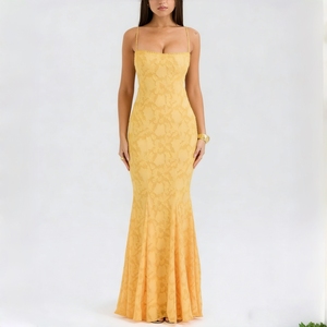 Robe Longue Jaune Moulante en Dentelle Sirène à Bretelles Fines pour Soirée Formelle et Mariage – Conception Personnalisée OEM ODM pour Femme - Product Image 1