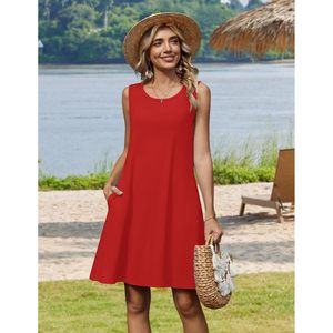 Robe d'été FOXA pour femme, sans manches, coupe trapèze, tricotée, col rond, taille ample, décontractée, pour la plage, avec poches, respirante - Product Image 3