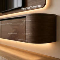 Mueble de TV Flotante Curvo Estilo Japandi Cinewall con Puertas con Relieve 3D y Panel de Pared con Retroiluminación LED Moderno