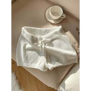 Shorts de Punto Acanalado con Cordón, Blancos, Ropa Casual para Mujer - Product Image 1