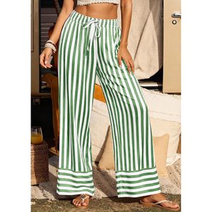 Womens Palazzo <b>Pants</b> Green White Striped Wide Leg High Waist Flowy Chiffon Lounge Trousers Casual <b>Summer</b> <b>Pants</b> - Product Image 5
