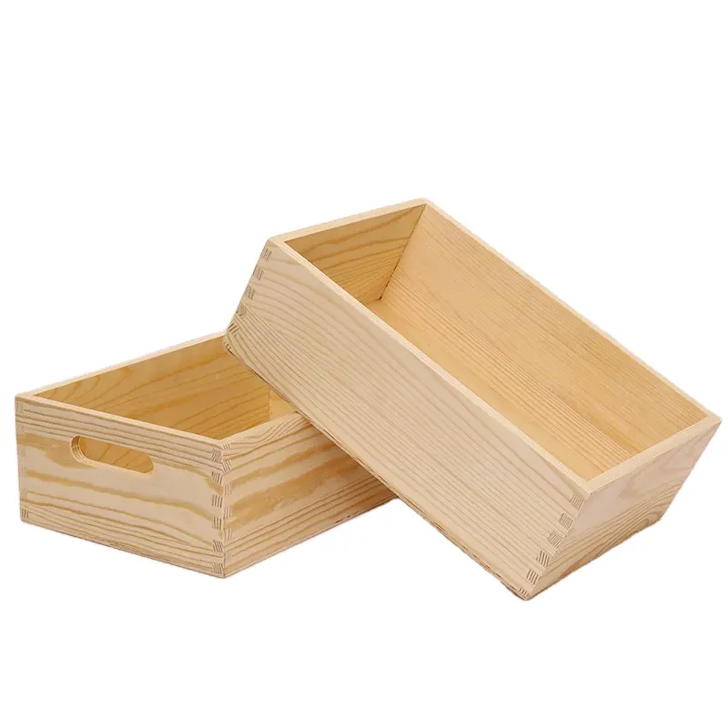 Wooden Open Unpainted Untreated Decorative Pine Non-lidded Storage Box with Handles For Keepsake Tool Toy Container