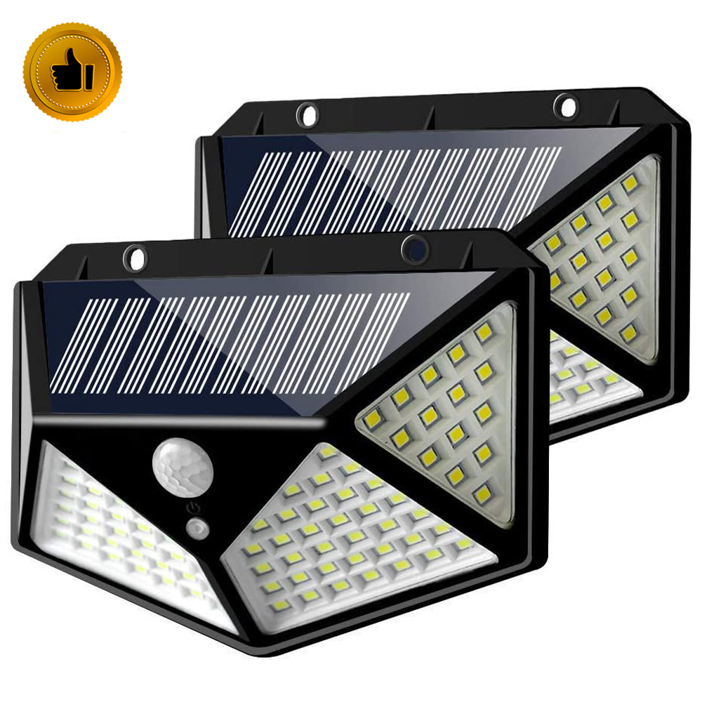 Luz solar LED IP65 à prova d'água para casa, lâmpada PIR com sensor de movimento, lâmpada solar de segurança para áreas externas, luz de parede com 100 luzes LED