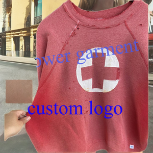 Sudadera personalizada de algodón 100% de alto gramaje, larga, estilo urbano, roja, con lavado vintage, efecto descolorido por el sol, bordado y desgastada, cuello redondo, holgada - Product Image 2