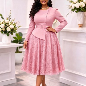 Robe longue à manches longues en patchwork de dentelle, style africain, pour femmes grandes tailles européennes et américaines, effet deux pièces, <span class=keywords><strong>D649</strong></span> - Product Image 1