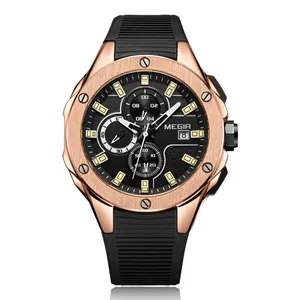 Dropshipping Megir 2053 Top Brand Luxe Rose Gold Horloge Mode Mannen Siliconen Sport Horloge Waterdicht