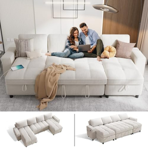 Canapé modulaire sectionnel avec lit escamotable, canapé en chenille en forme de <span class=keywords><strong>U</strong></span> avec dossier réglable USB, 2 sièges de rangement - Product Image 1