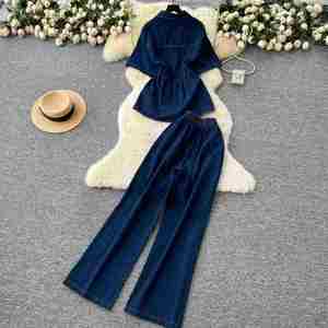 Conjunto de 2 Piezas para Mujer, Estilo Y2K, Tejido Sólido, Top con Cuello en V, Pantalones de Mezclilla con Cintura Elástica, Antiarrugas, Sostenible, Transpirable y de Secado Rápido - Product Image 3