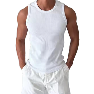 Men's Breathable Compression Athletic Sporty Solid O-<b>Neck</b> Knitted Wash Anti-shrink Tank Top Fitted Gym Stringer Spandex Cotton - Product Image 1