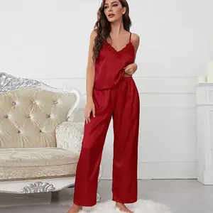 Mùa xuân mùa hè qua biên giới satin loungewear ren thoáng khí treo nightdress của phụ nữ lụa mỏng sexy đồ ngủ wholesalegewear