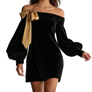 <span class=keywords><strong>Abito</strong></span> <span class=keywords><strong>Mini</strong></span> in Velluto con Spalle Scoperte e Dettaglio Fiocco Dorato, Maniche a Campana, Vestito da Cocktail per Donna, Abbigliamento Femminile Sehe Fashion - Product Image 2