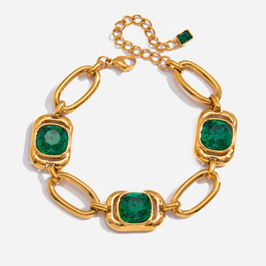 Pulsera de cristal geométrica en tono dorado con engaste de diamantes de imitación verdes, joyería de uso diario para mujer - Product Image 1