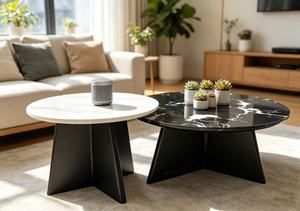 Modern <b>Nesting</b> <b>Coffee</b> <b>Table</b> Set <b>Round</b> Marble Top Metal Frame Contemporary Living Room Furniture - Product Image 2