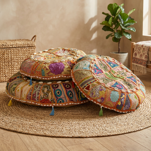 Housse de coussin pour siège de sol en Patchwork, Sari brodé, élégant, Style indien, couverture ronde - Product Image 2